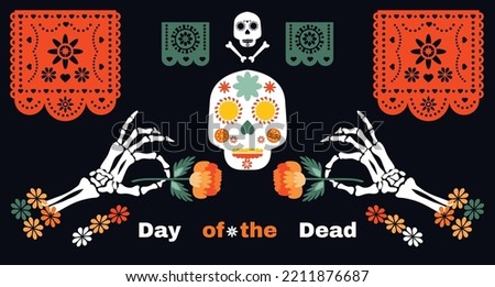 Dia de Los Muertos, Day of the Dead or Halloween greeting card,  banner, background. Sugar skulls, candle, maracas, guitar, sombrero,  marigold flowers, Сalavera la Catrina   Vector illustration