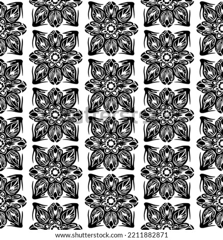 Seamless vector line art pattern made of flowers, black and white