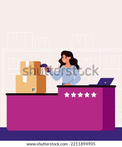 Manager scans barcode of parcel at pick-up point. Woman with an order in box at a pickup counter. Issuance of goods online store. Marketplace. Flat graphic vector illustration