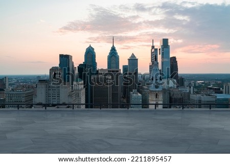 Skyscrapers Cityscape Downtown, Philladelphia Skyline Buildings. Beautiful Real Estate. Sunset. Empty rooftop View. Success concept. Royalty-Free Stock Photo #2211895457