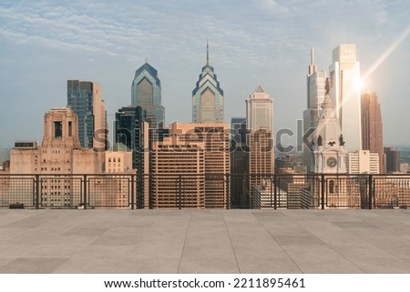Skyscrapers Cityscape Downtown, Philladelphia Skyline Buildings. Beautiful Real Estate. Sunrise. Empty rooftop View. Success concept.