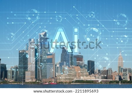 New York City skyline from New Jersey over Hudson River towards the Hudson Yards at day. Manhattan, Midtown. Artificial Intelligence concept, hologram. AI, machine learning, neural network, robotics