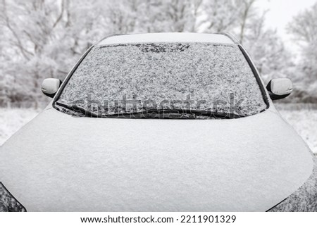 Car covered with snow during a snowfall. snowy trees in the background