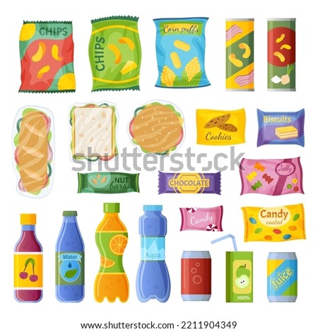 Snack set, candy and chips, drink packet package. Biscuit box, sandwich and crisps, bar food vending. Water and juice in placket bottles, cartoon flat food. Vector isolated illustration Royalty-Free Stock Photo #2211904349