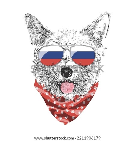 Yorkshire Terrier portrait, Cute cool dog in Russia flag glasses and bandana, Vector illustration.