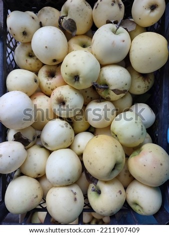 Many white and yellow ripe apples lying in a box