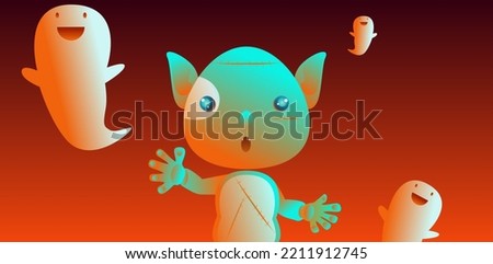 Zombi and three little ghost with orange and red gradient for background