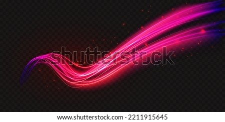 Luminous neon shape wave, abstract light effect vector illustration. Wavy glowing pink purple bright flowing curve lines, magic glow energy motion particle isolated transparent black background.