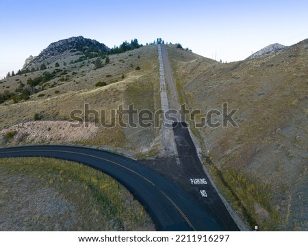 Aerial drone photograpg of a runaway truck ramp in the Bighorn Mountains. Photographed near Lovell, Wyoming on Highway 14. Royalty-Free Stock Photo #2211916297