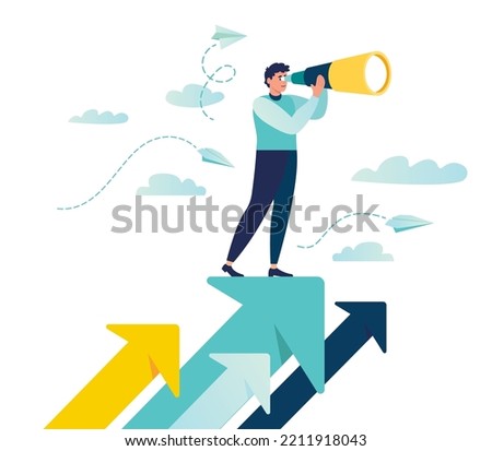man searching for path to success. exploring horizons goal setting and development guide. people standing on profit and profit arrows, growth chart look great telescope spyglass in search of new ideas Royalty-Free Stock Photo #2211918043