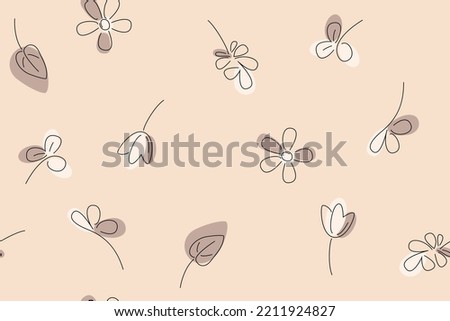 Vector seamless pattern. minimalist style. Flower, tulip, leaves, one line style. pastel pink background and oval spots. Hand drawn abstract botanical print.