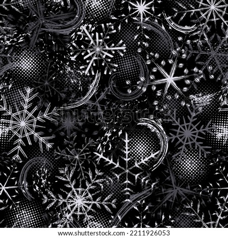 Gray camouflage pattern with grunge silhouette of snowflakes, paint brush strokes, round halftone shapes. Messy random composition