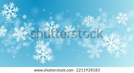 Magical flying snowflakes backdrop. Snowstorm speck frozen particles. Snowfall sky white teal blue illustration. Soft snowflakes january vector. Snow hurricane scenery. Royalty-Free Stock Photo #2211928183
