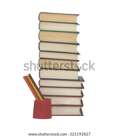 A pile of books and pencils are isolated on white background