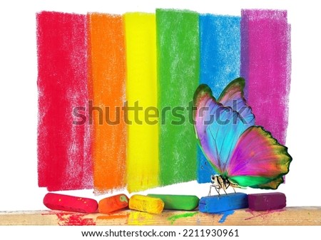 Colors of rainbow. Pastel crayons and abstract rainbow pattern. bright colorful tropical morpho butterfly on pastel crayons