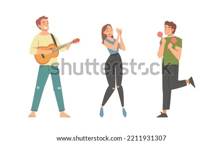 Set of people playing musical instruments, singing and dancing. Man playing guitar and shaking maracas cartoon vector illustration