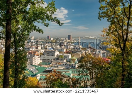 Beautiful panorama of Kyiv city, Ukraine. View on Dnipro river and Podil historic center.