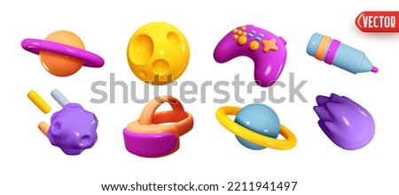 Set realistic 3d objects in cartoon style. Game joystick, gamepad, futuristic planets with ring, meteorite asteroid, comet with fire, virtual reality goggles helmet, marker pencil. Vector illustration