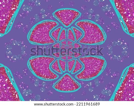 A hand drawing pattern made of glittery lavender and fuchsia with turquoise