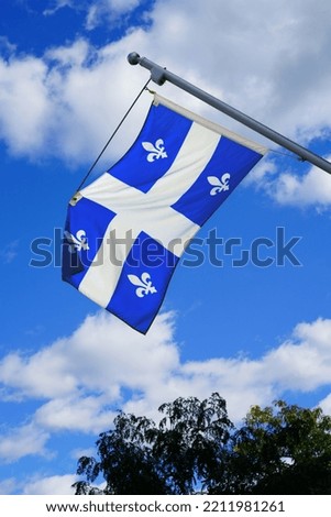 A blue and white Quebec flag with white lily flowers