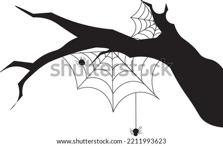 Halloween spider hangging on branch. Hand drawn branch and spider. Halloween vector black isolated in white background