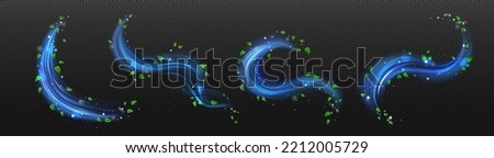 Freshness effect, blue air or wind flow with green leaves. Glow waves and swirls, wand trails, fresh menthol breath or detergent isolated on transparent background, Realistic 3d vector illustration Royalty-Free Stock Photo #2212005729