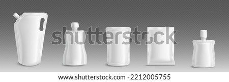 Blank plastic doypacks, white pouches with lids for liquid food, cosmetic and detergent. Vector realistic mockup of 3d flexible doy pack isolated on transparent background. 3D Illustration Royalty-Free Stock Photo #2212005755