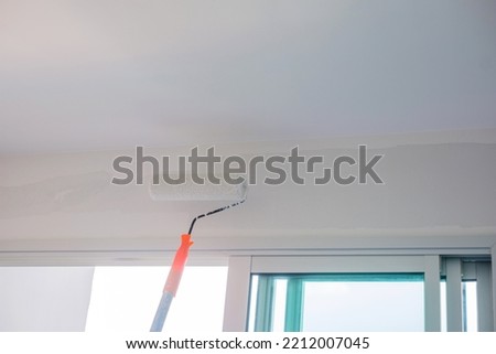 painter man with paint roller brush painting the wall. Renovation, maintenance and development of home or apartment