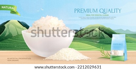 Rice premium quality offering background with advertising of clean organic natural product realistic vector illustration Royalty-Free Stock Photo #2212029631