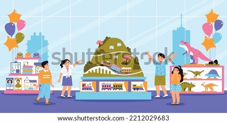 Excited children looking at stand with train at toy shop flat vector illustration