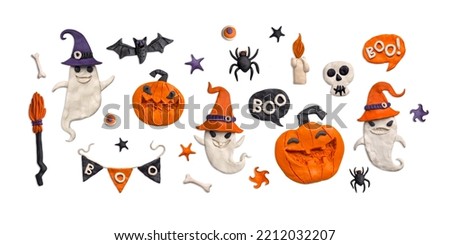 Big Halloween Set. Festive handmade items from plasticine. Pumpkins, ghosts, bat, bones, skull, spiders, candle, eyes, broom