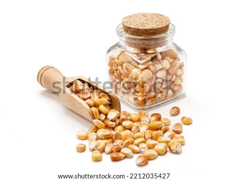 Corn kernels in a wooden spatula and a small jar on a white background Royalty-Free Stock Photo #2212035427