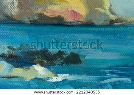Sea oil painting. Abstract turquoise seascape. Impressionism, plein-air sketch, original work. The concept of summer, recreation. Artistic pictorial background for creative design of postcards, covers