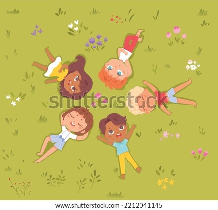 Children lying on green summer grass and looking up, top view vector illustration. Cartoon happy girls and boys playing in playground or lawn background. International kids day, friendship concept