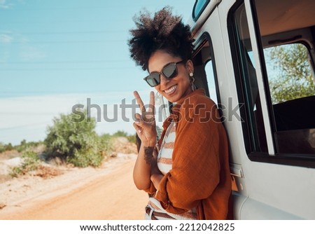 Travel, van and woman with peace hand sign on road trip in Mexico, happy, relax and smile. Summer, nature and journey in a countryside with a black woman excited about adventure and hipster lifestyle Royalty-Free Stock Photo #2212042825