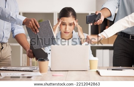 Stress, anxiety and multitasking business woman with headache from workload and laptop deadline in office. Burnout, frustration and overwhelmed lady exhausted, procrastination in toxic workplace Royalty-Free Stock Photo #2212042863