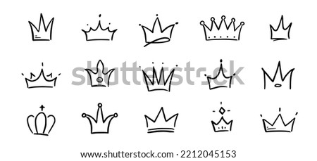 Doodle crown hand drawn set. Doodle princess crown, queen tiara. Line sketch royal element. Queen, king hand drawn simple design element. Isolated vector illustration.