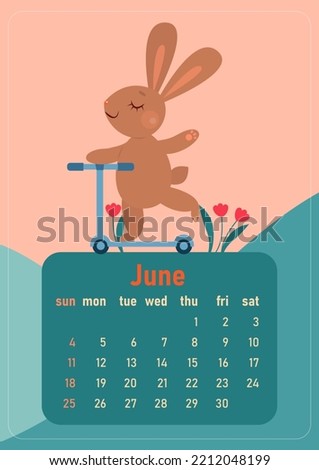 Calendar 2023 for June. Year of the rabbit, symbol of the new year. The week starts on Sunday. Cute rabbit smiles and rides a scooter in the summer meadow