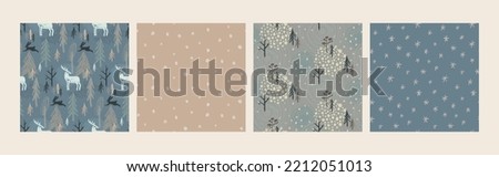 Set of four vector Christmas seamless patterns with hand drawn winter forest trees, animals, abstract texture. Vector endless backgrounds of new year symbols in modern graphic style.