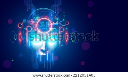 AI with scary face on halloween. Head skull of robot with lighting eyes. Bad Artificial Intelligence in image cyborg look at eyes. Tech halloween party banner. Evil computer Royalty-Free Stock Photo #2212051405