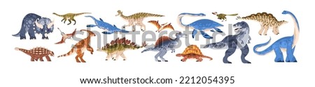 Dinosaurs set. Ancient reptile animals of prehistory Jurassic period. Different species of prehistoric extinct reptilian raptors. Realistic flat vector illustration isolated on white background Royalty-Free Stock Photo #2212054395
