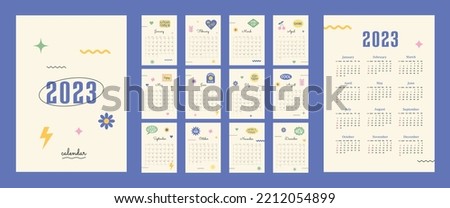 Calendar 2023 in 1990s style with square grid and retro stickers with positive phrases. Week start on Sunday. Set of 12 months, cover and one sheet of the year. Template for A4 A3 A5 size