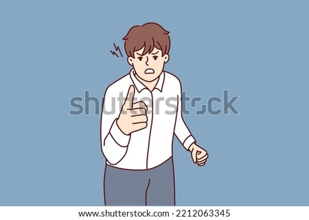 Angry man point at screen accuse or blame someone. Furious guy threaten to person feel outraged and distressed. Vector illustration. 