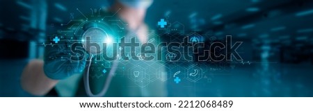 Medicine doctor with stethoscope touching icon medical treatment on digital virtual interface and healthcare network, Doctor online, digital healthcare, Technology of global health. 