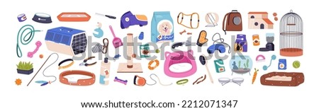 Pets goods, accessories set. Dogs, cats and birds toys, food, supplies. Canine and feline stuff, products, carriers, cage, feed, bowl, brush. Flat vector illustration isolated on white background