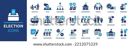 Election and voting icon set. Containing democracy, vote, government, voting, campaign, political, voter, ballot, candidate and president icons. Solid icons vector collection. Royalty-Free Stock Photo #2212075229