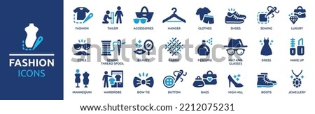 Fashion icon set. Containing tailor, accessories, dress, sewing, fabric, clothes, shoes and beauty icons. Solid icons vector collection. Royalty-Free Stock Photo #2212075231