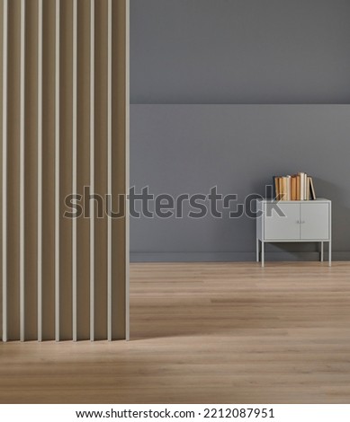 Grey and brown wall background style, cabinet, book and home accessory, vase of plant, armchair, blanket hang, interior room decoration.
