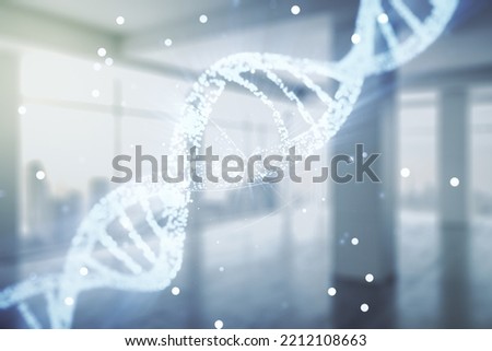 Double exposure of creative DNA hologram on empty modern office background. Bio Engineering and DNA Research concept Royalty-Free Stock Photo #2212108663