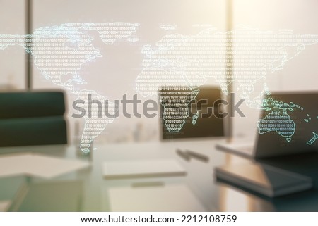 Multi exposure of abstract creative digital world map and modern desktop with computer on background, tourism and traveling concept